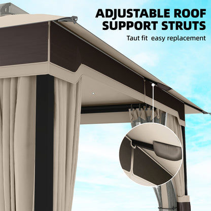 3 x 3.6 m Outdoor Garden Gazebo with Netting, Curtains, Khaki