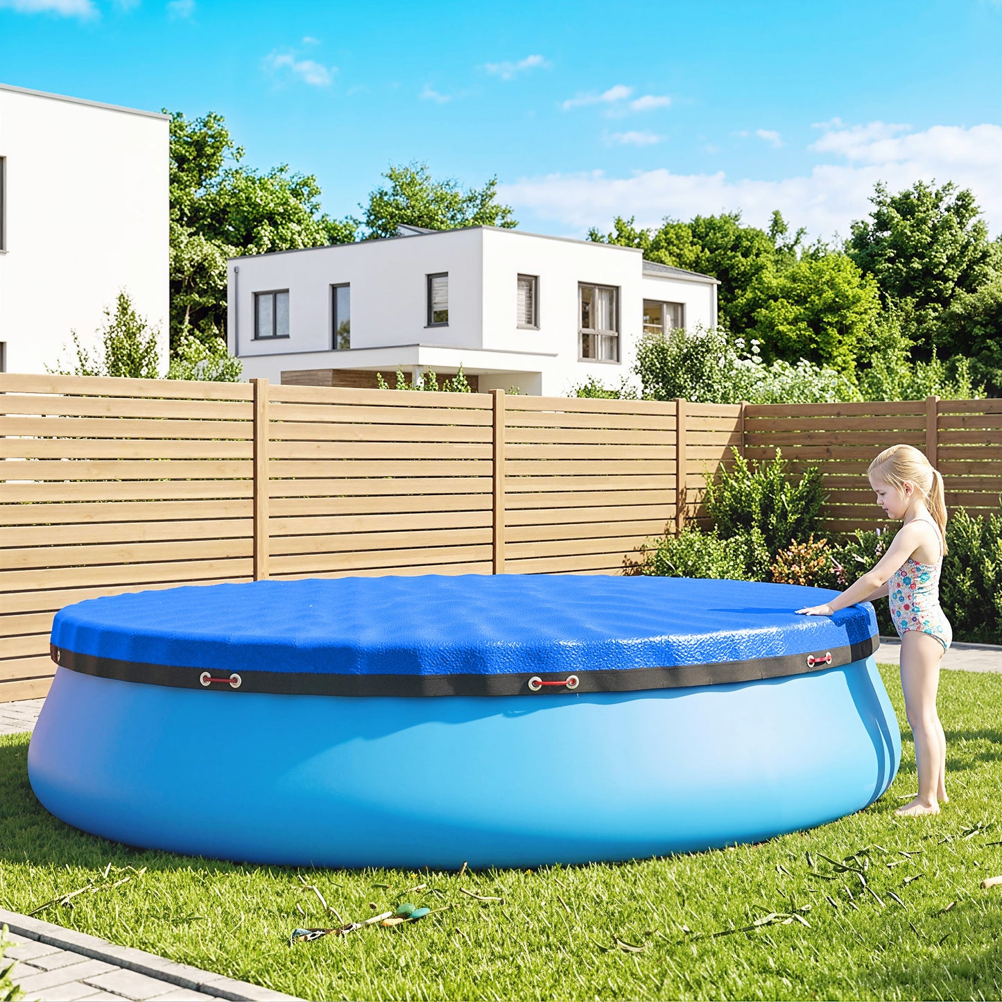 10 ft Round Swimming Pool Cover with Secure Rope, Tightener, Blue