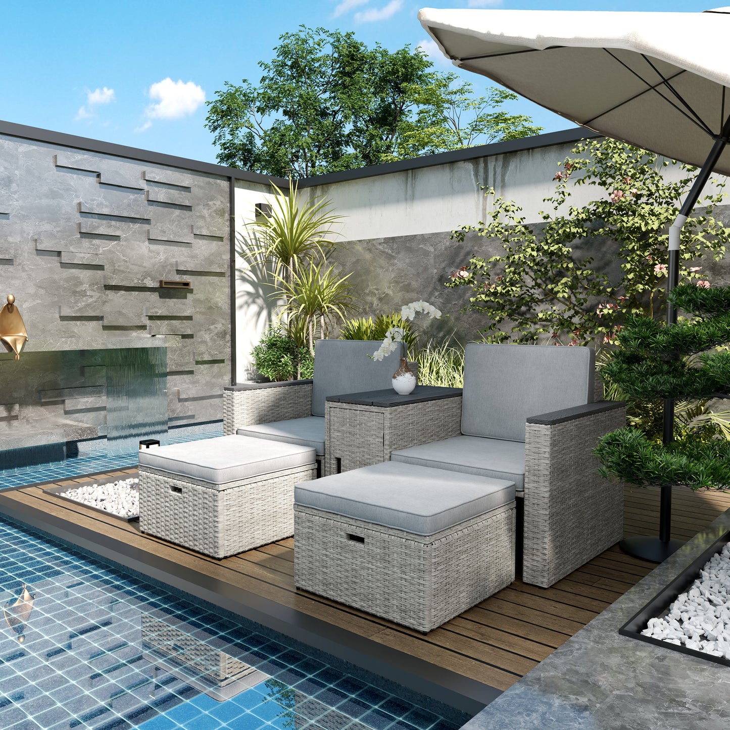 5 Piece Rattan Garden Furniture Set w/ Storage Table, Stools, Grey