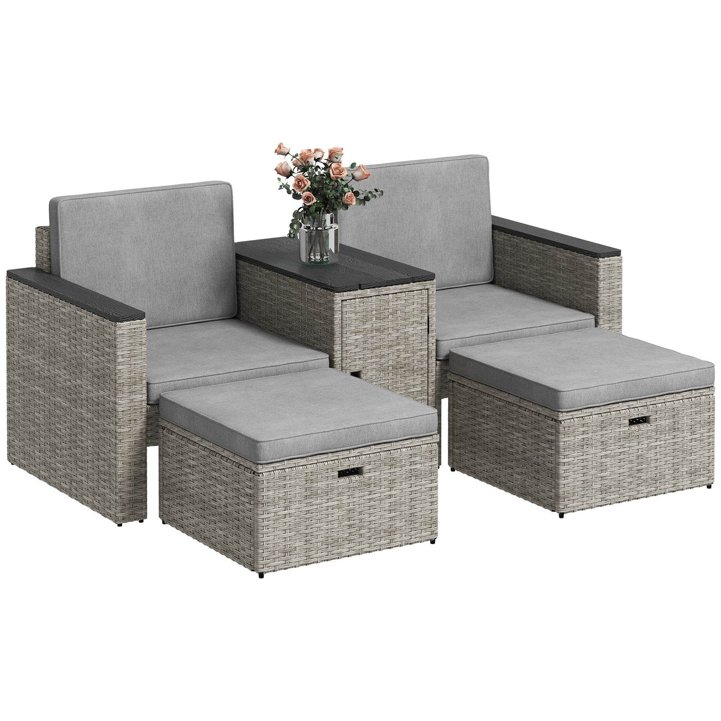 5 Piece Rattan Garden Furniture Set w/ Storage Table, Stools, Grey
