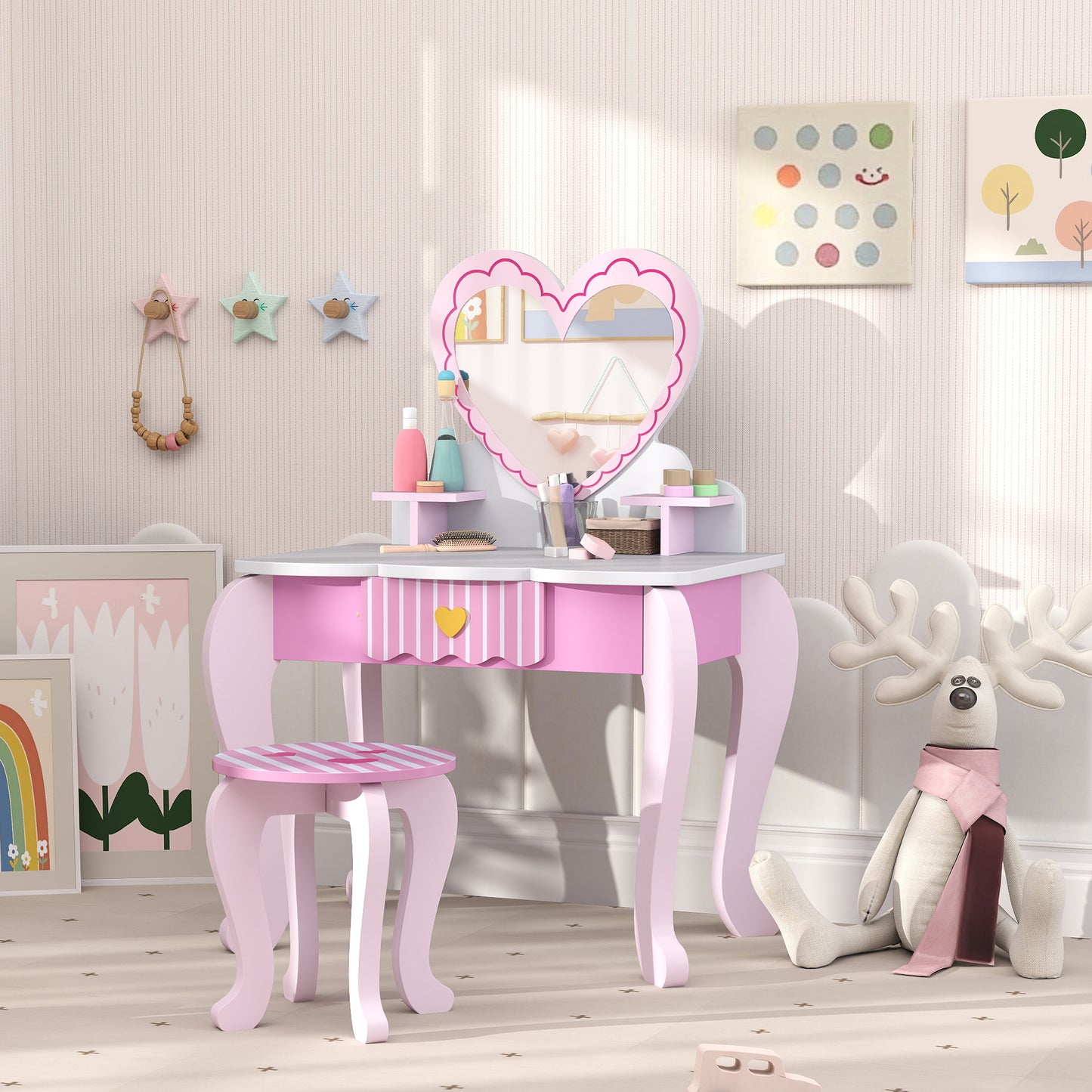 Kids Dressing Table Set, Two-Piece Children Vanity Table with Stool