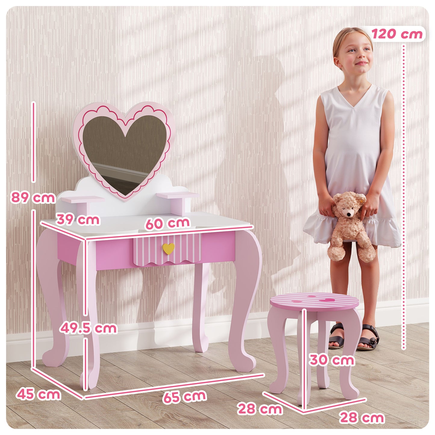 Kids Dressing Table Set, Two-Piece Children Vanity Table with Stool