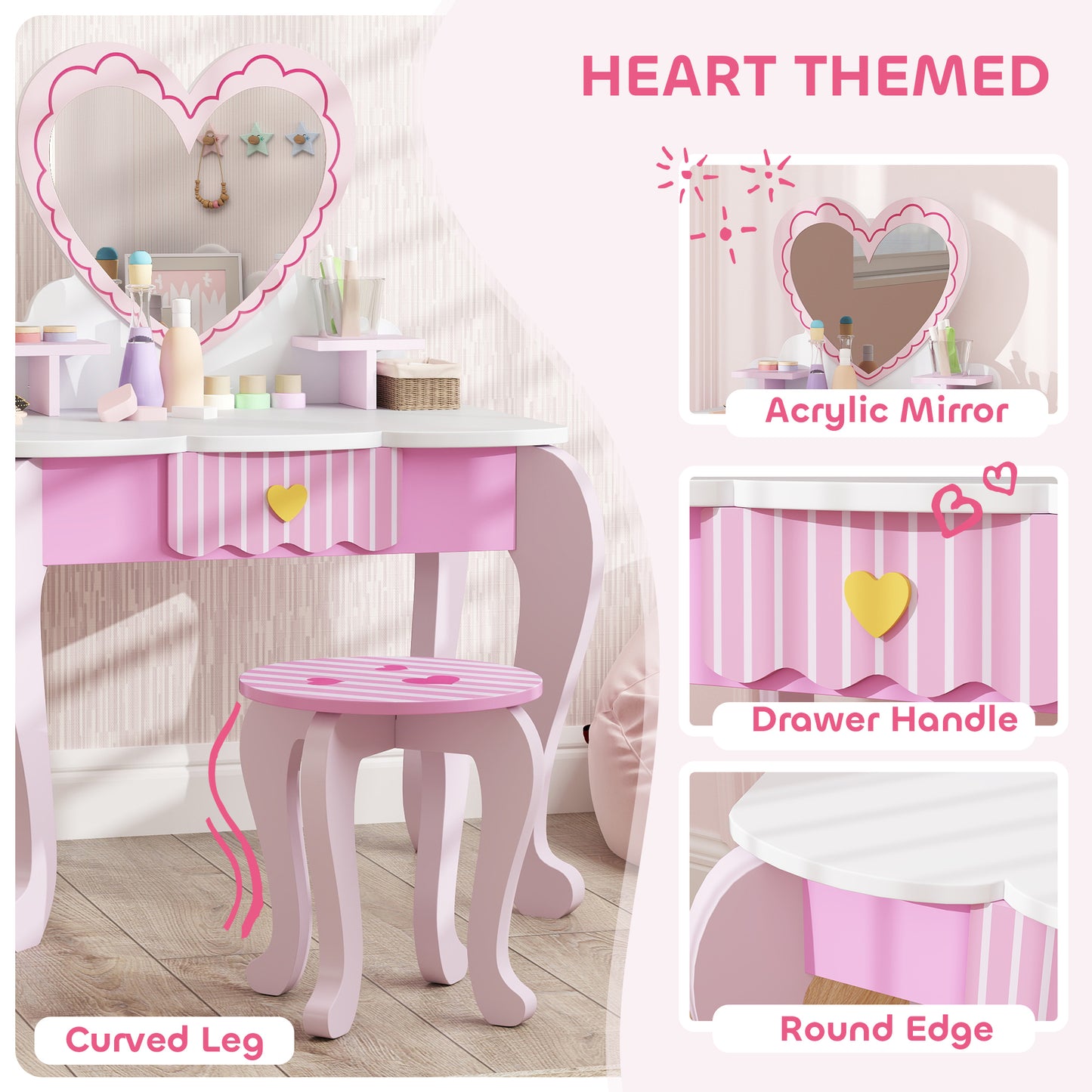 Kids Dressing Table Set, Two-Piece Children Vanity Table with Stool