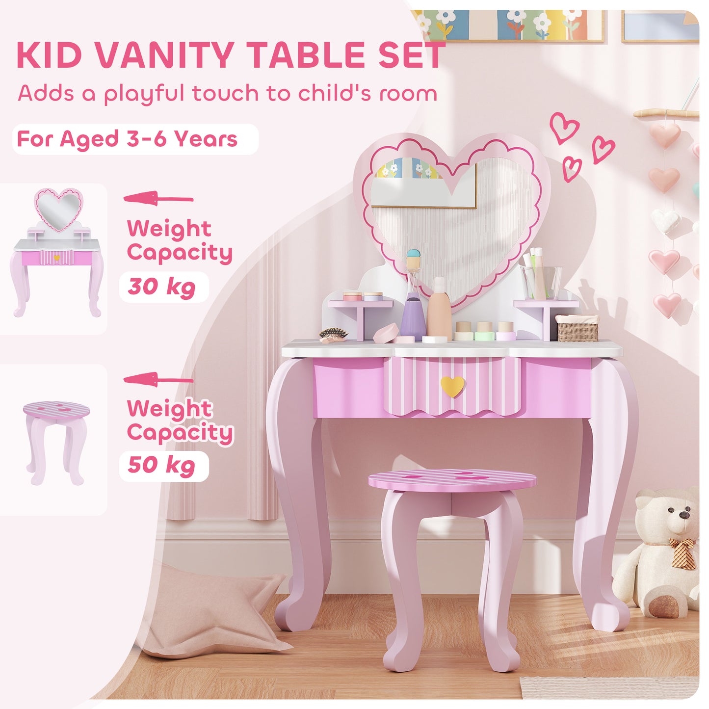 Kids Dressing Table Set, Two-Piece Children Vanity Table with Stool