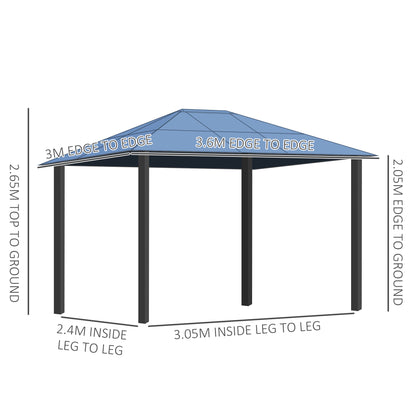 Outsunny 3 x 3.6m Polycarbonate Hard Top Gazebo with LED Solar Light and Aluminium Frame, Garden Pavilion with Mosquito Netting and Curtains