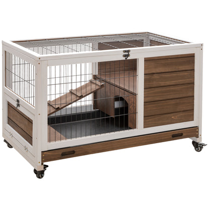 Rabbit Cages, Guinea Pig Hutch w/ Roof & Wheels, No-Leak Tray, Brown
