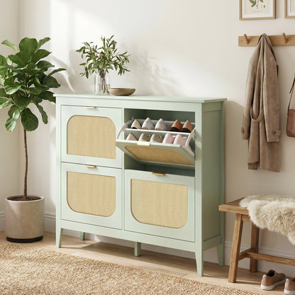Boho Slim Shoe Cabinet with Rattan Doors, Holds 20 Pairs, Green