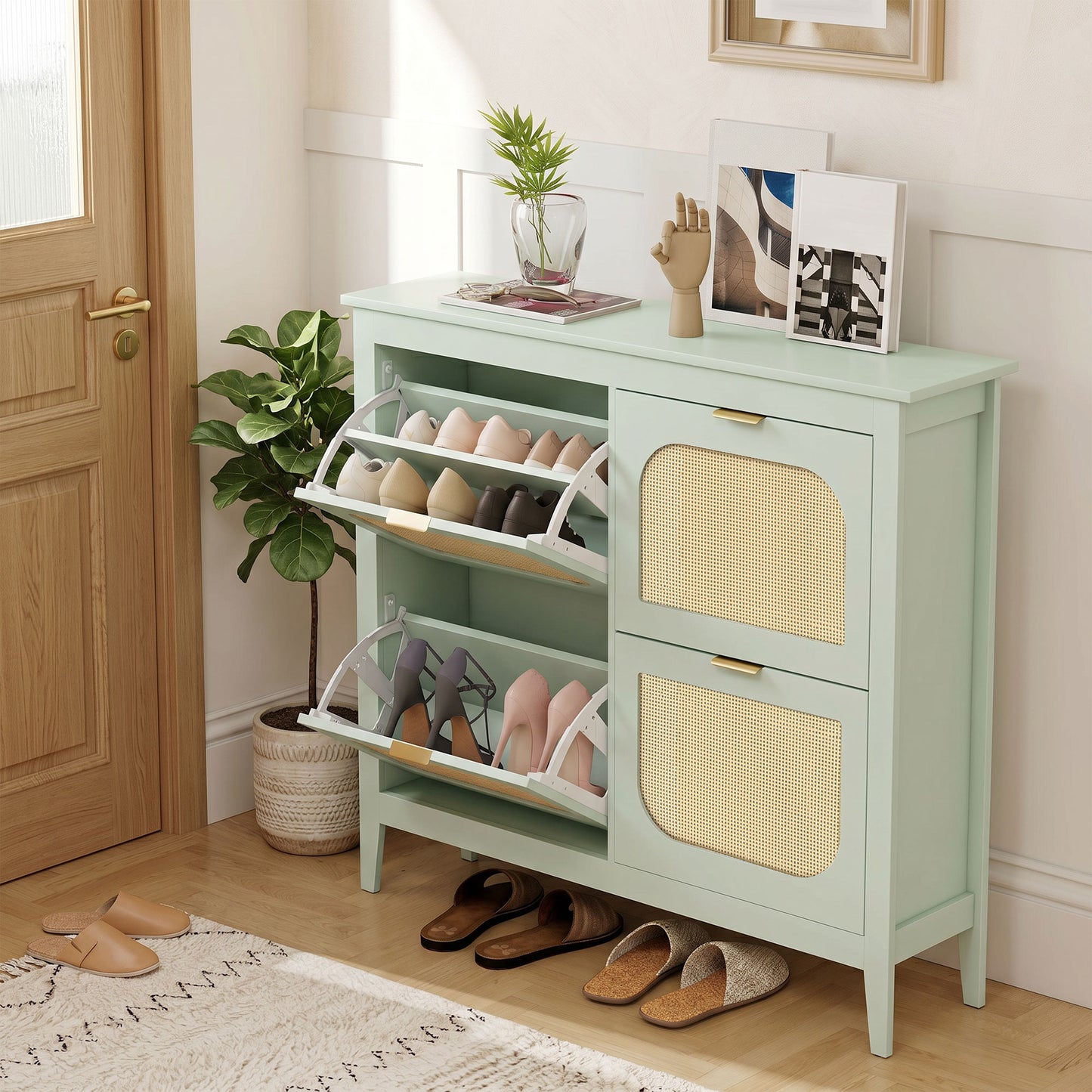 Boho Slim Shoe Cabinet with Rattan Doors, Holds 20 Pairs, Green