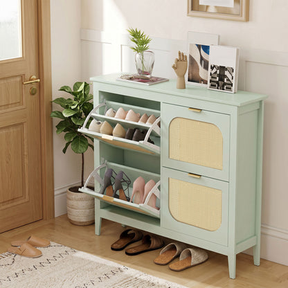 Boho Slim Shoe Cabinet with Rattan Doors, Holds 20 Pairs, Green