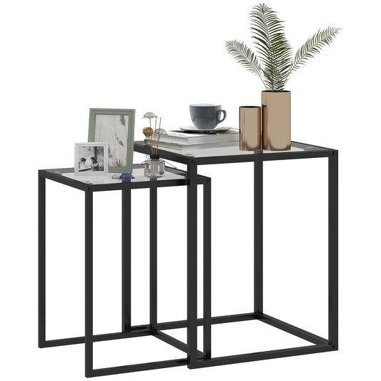 Nesting Tables Set of 2, End Table with Tempered Glass Top, Black