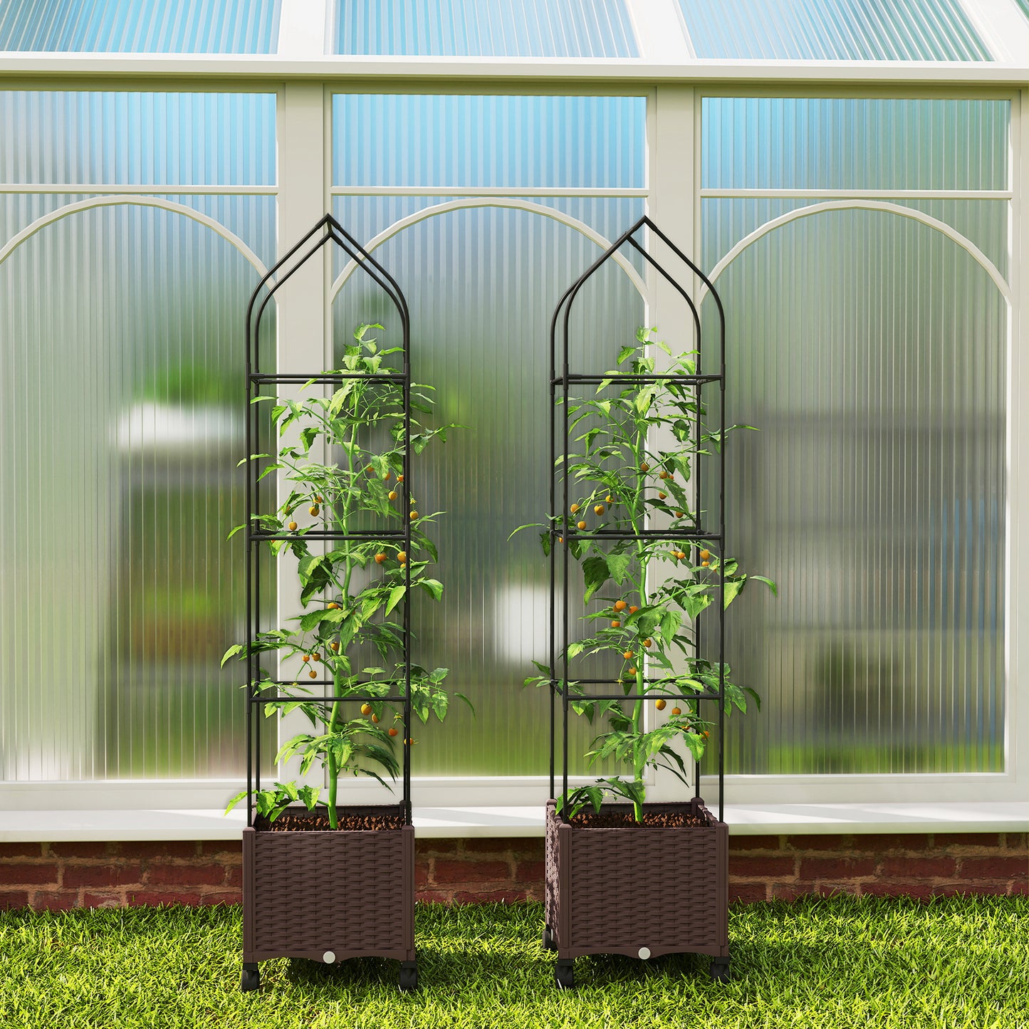 Raised Garden Bed Tomato Cage with Trellis, Drainage Holes, Brown