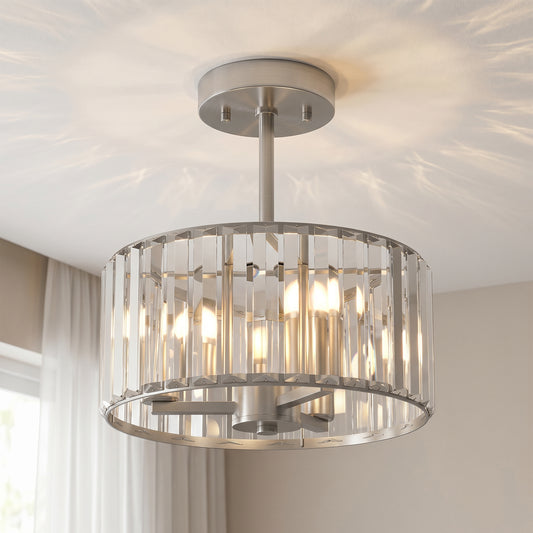 Crystal Ceiling Light Fixture, Semi Flush Mount Modern Crystal Chandelier Ceiling Light for Living Room, Bedroom, Hallway, Dining Room, E14 Base 3-Lights, Bulbs Not Included, Silver Tone