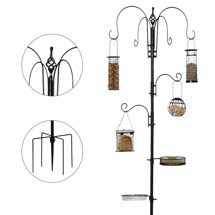 Bird Feeding Station Kit, Wild Bird Feeder Pole with 6 Hooks, 4 Hanging Feeders for Peanuts, Seed, Fat Balls, for Garden, Outdoor, Black