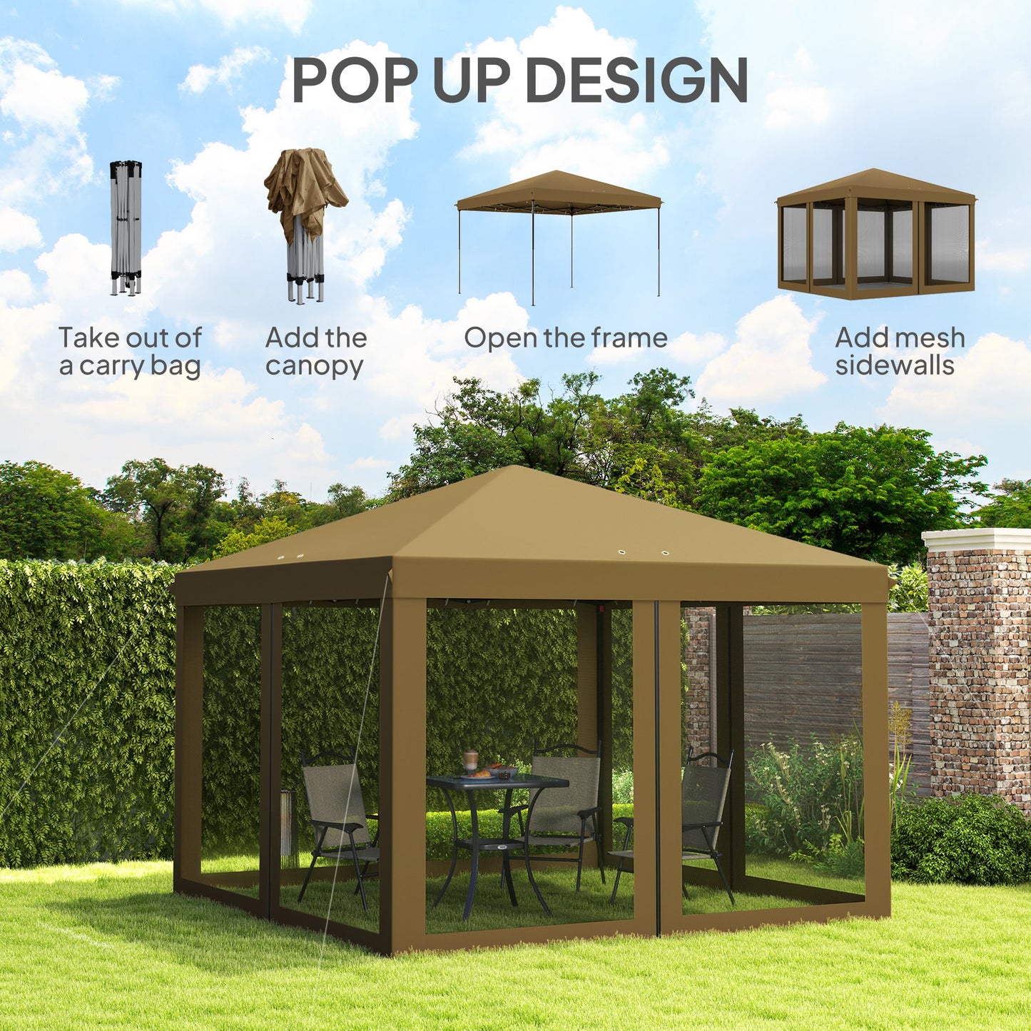 Heavy Duty Pop Up Gazebo with Removable Mesh Sidewall Khaki