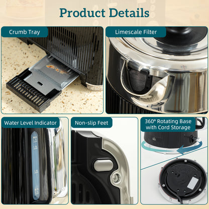 1.7L 3000W Rapid Boil Kettle and 4 Slice Toaster Set Crumb Tray Black