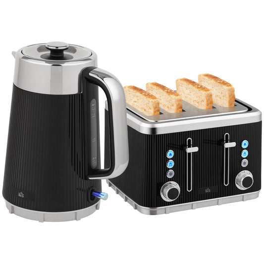 1.7L 3000W Rapid Boil Kettle and 4 Slice Toaster Set Crumb Tray Black