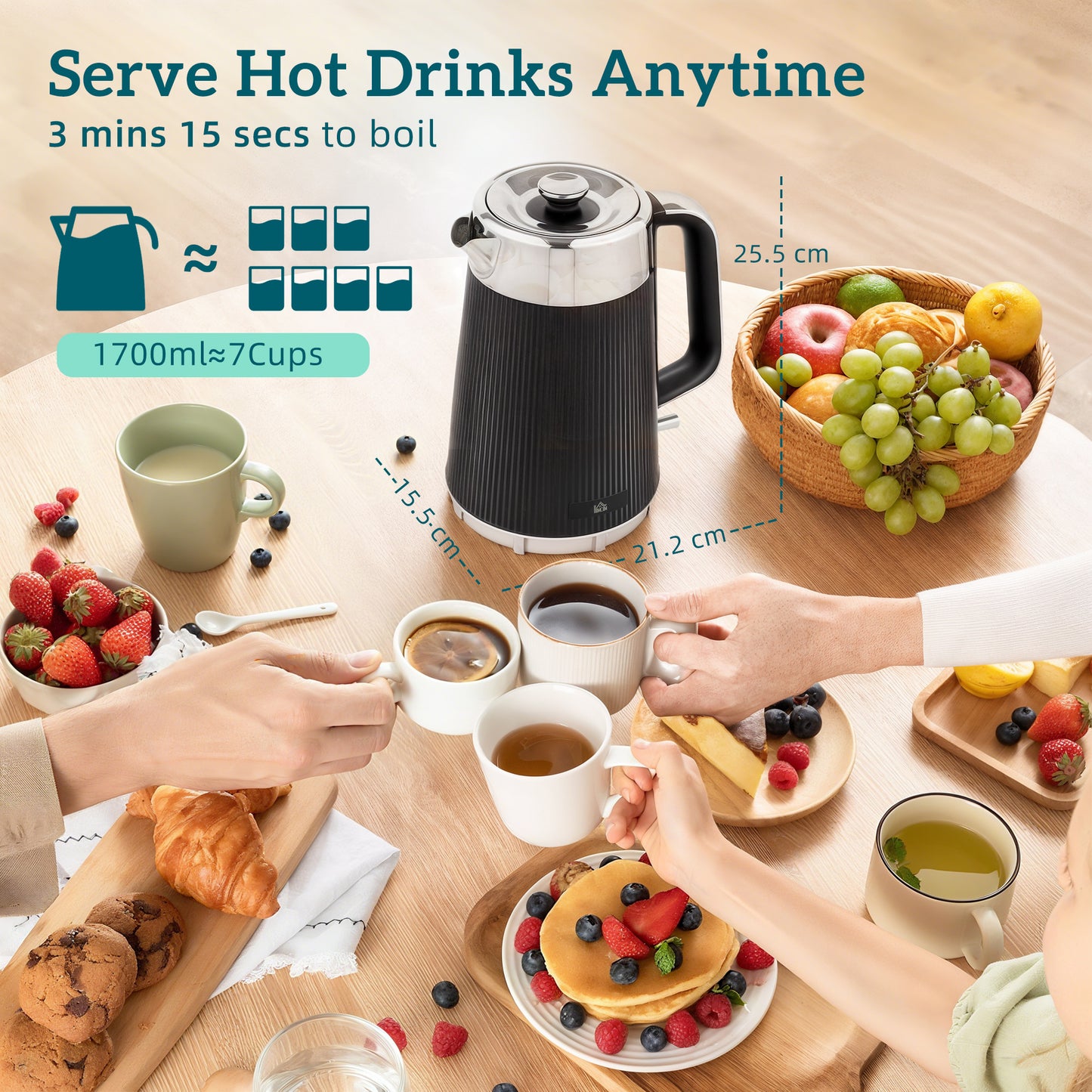 1.7L 3000W Rapid Boil Kettle and 4 Slice Toaster Set Crumb Tray Black