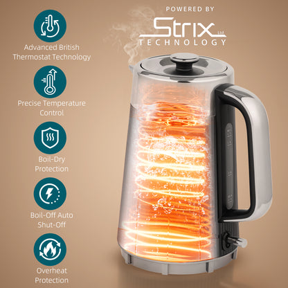 1.7L 3000W Rapid Boil Kettle and 4 Slice Toaster Set Crumb Tray Black