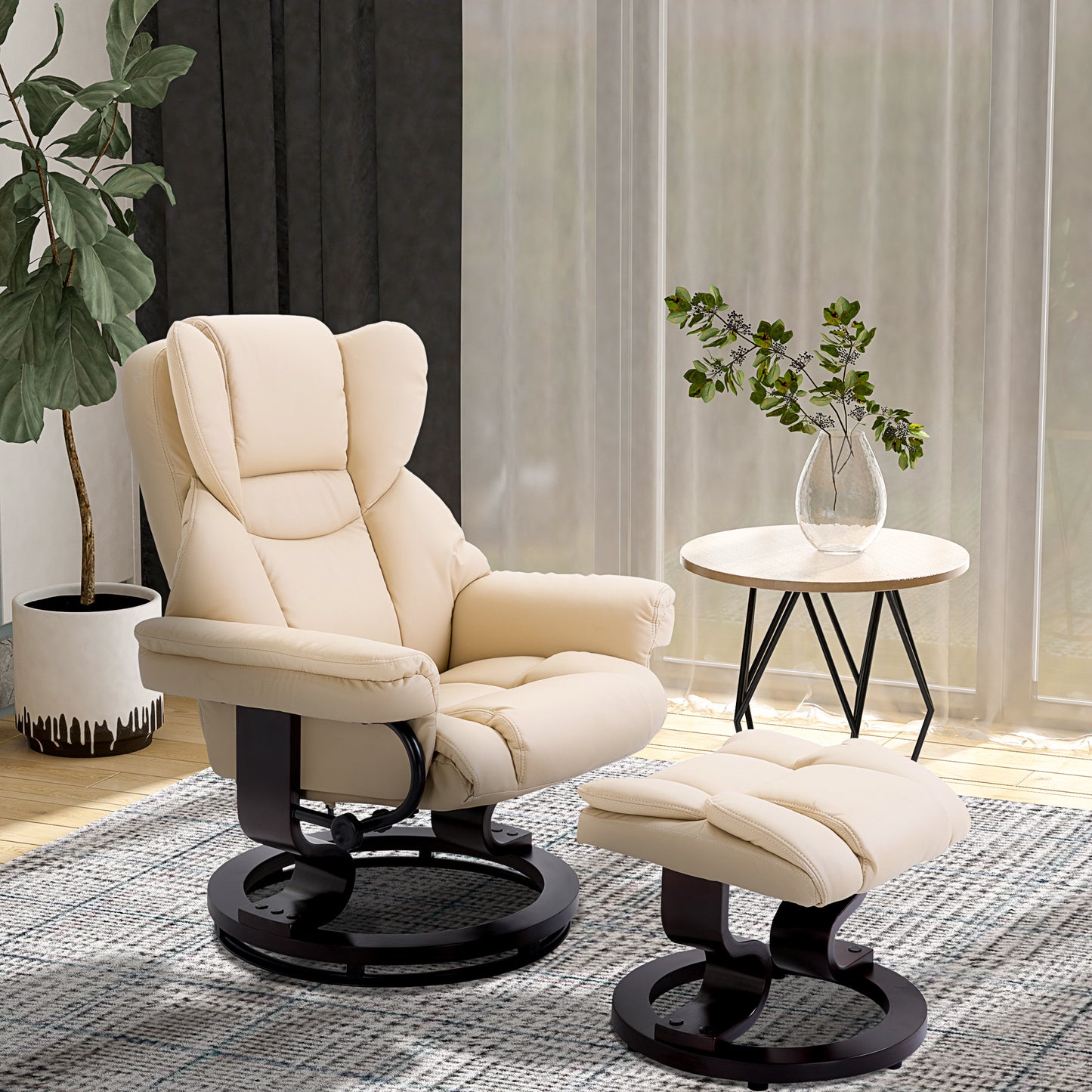 PU Leather Manual Reclining Armchair Footstool Padded Seat Cream