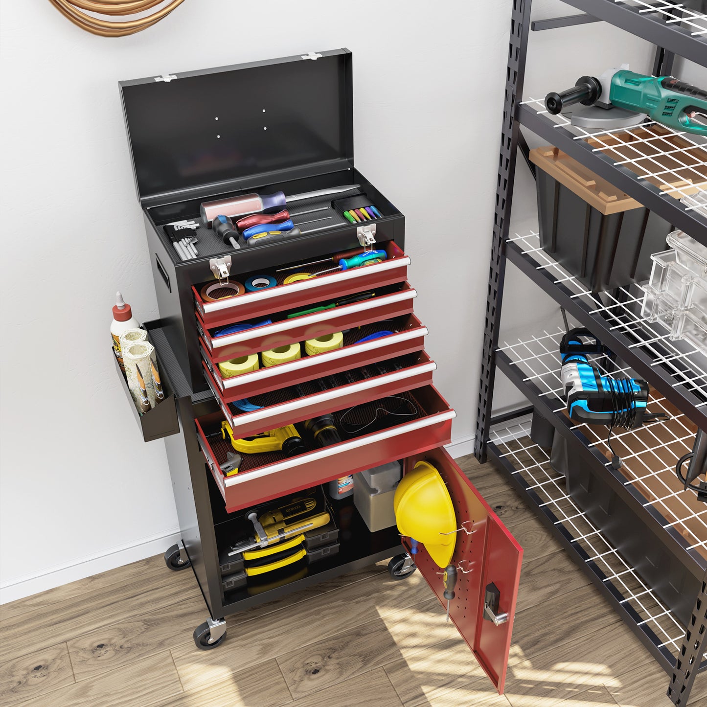 Tool Cabinet on Wheels with 5 Drawers Top Tool Chest Roller Cabinet Combo