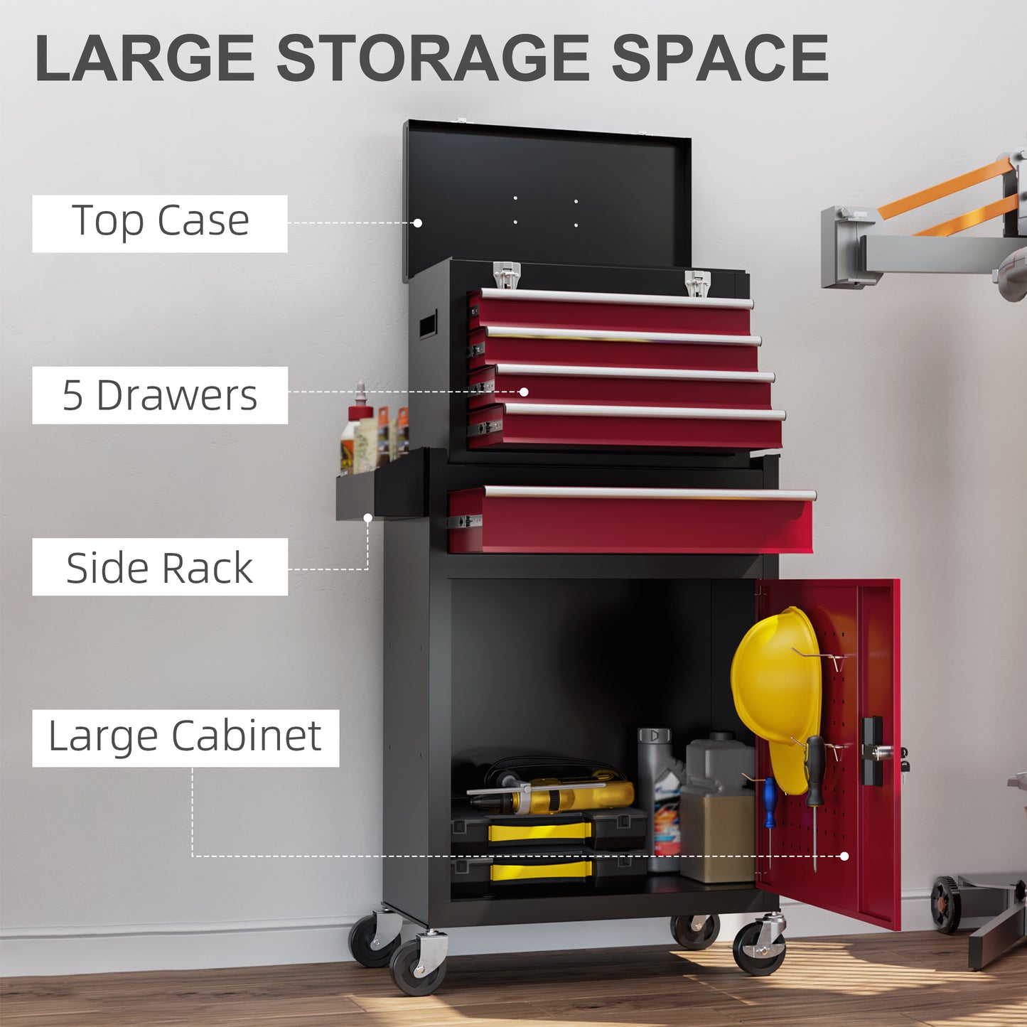 Tool Cabinet on Wheels with 5 Drawers Top Tool Chest Roller Cabinet Combo