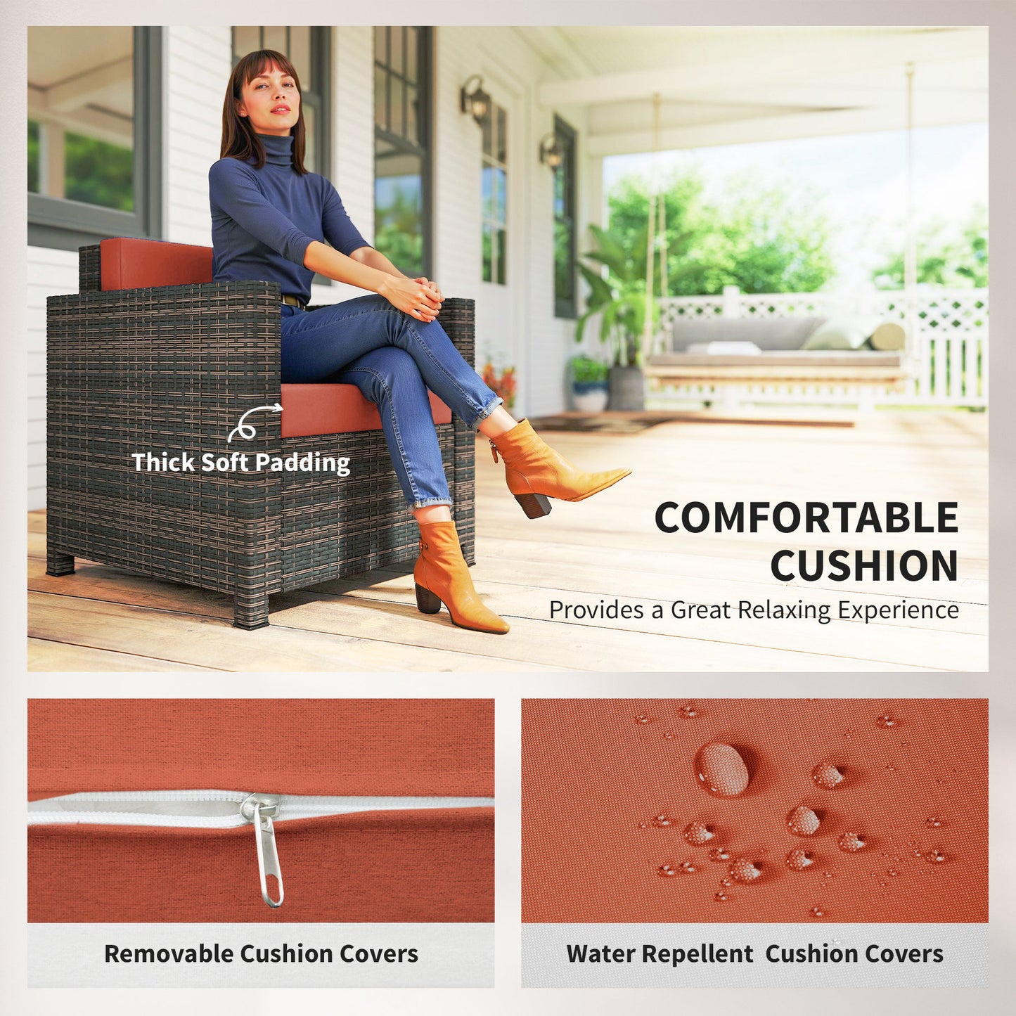 Rattan Garden Armchair, Cushioned Single Rattan Chair, Brown/Orange