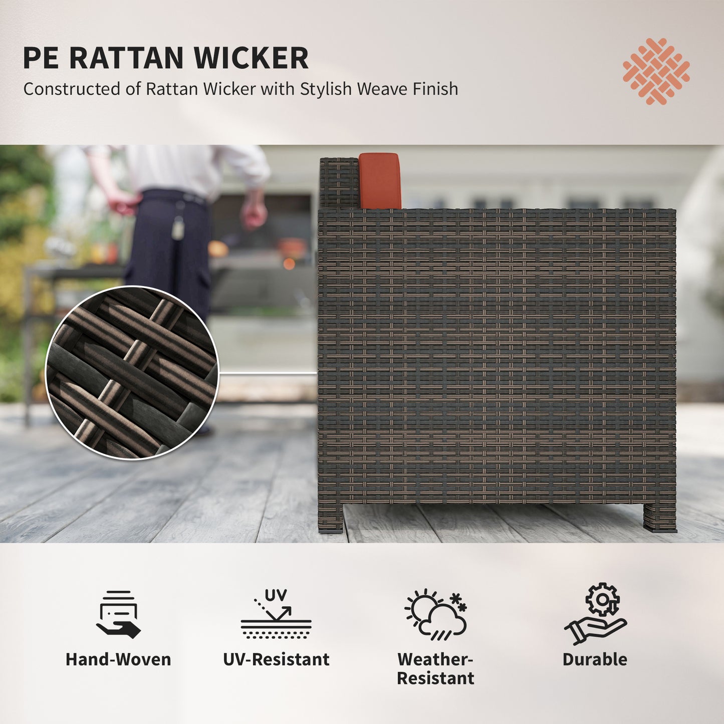 Rattan Garden Armchair, Cushioned Single Rattan Chair, Brown/Orange