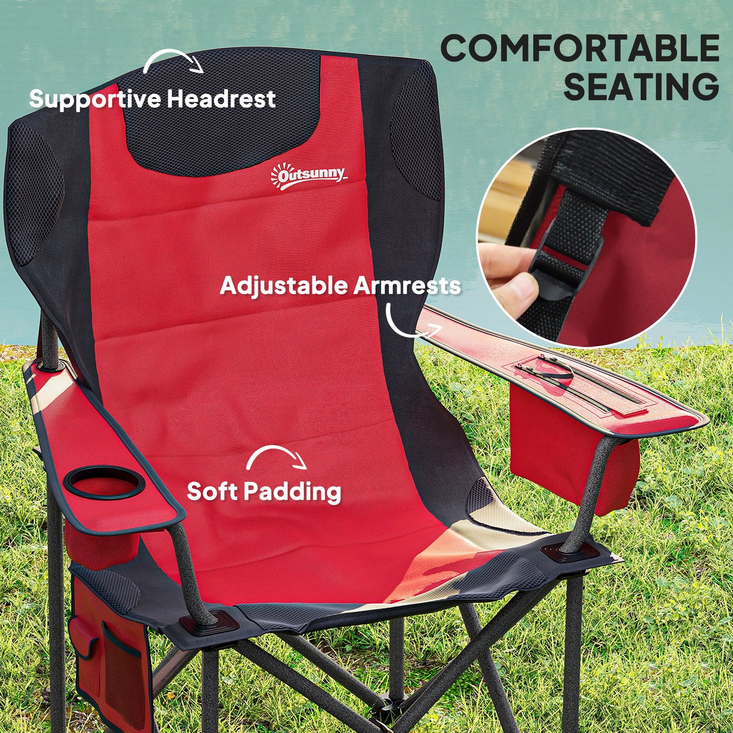 Set of 2 Padded Folding Picnic Chairs with Cooler Bag, Red