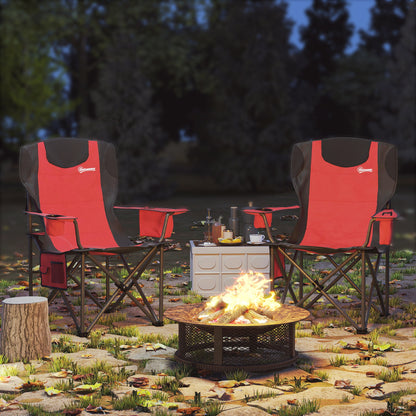 Set of 2 Padded Folding Picnic Chairs with Cooler Bag, Red