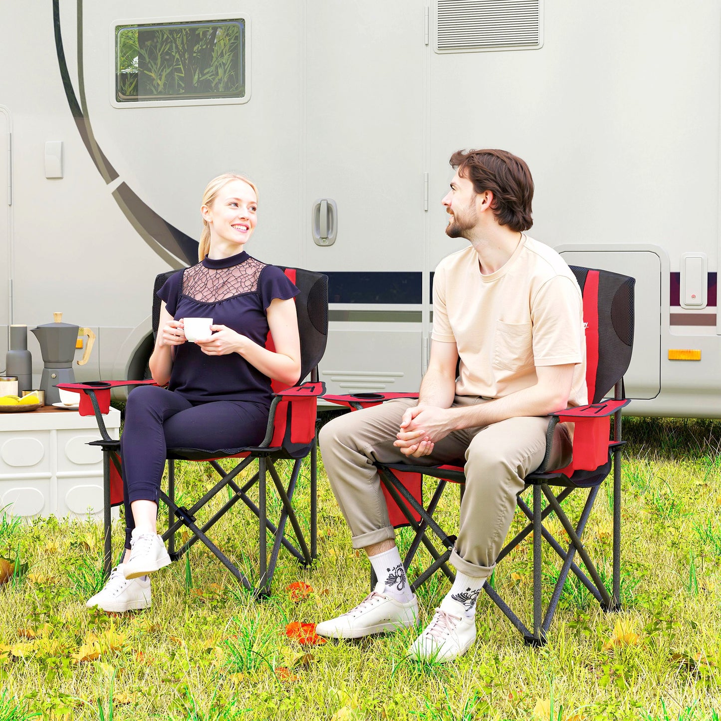 Set of 2 Padded Folding Picnic Chairs with Cooler Bag, Red