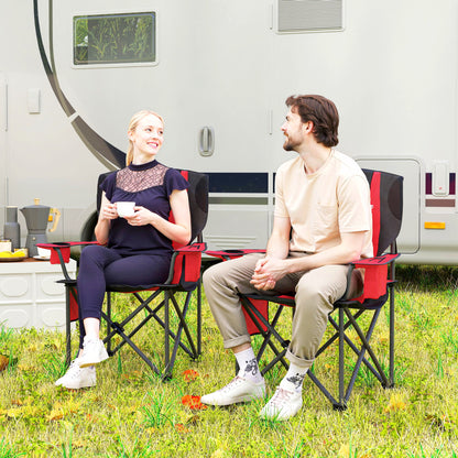 Set of 2 Padded Folding Picnic Chairs with Cooler Bag, Red