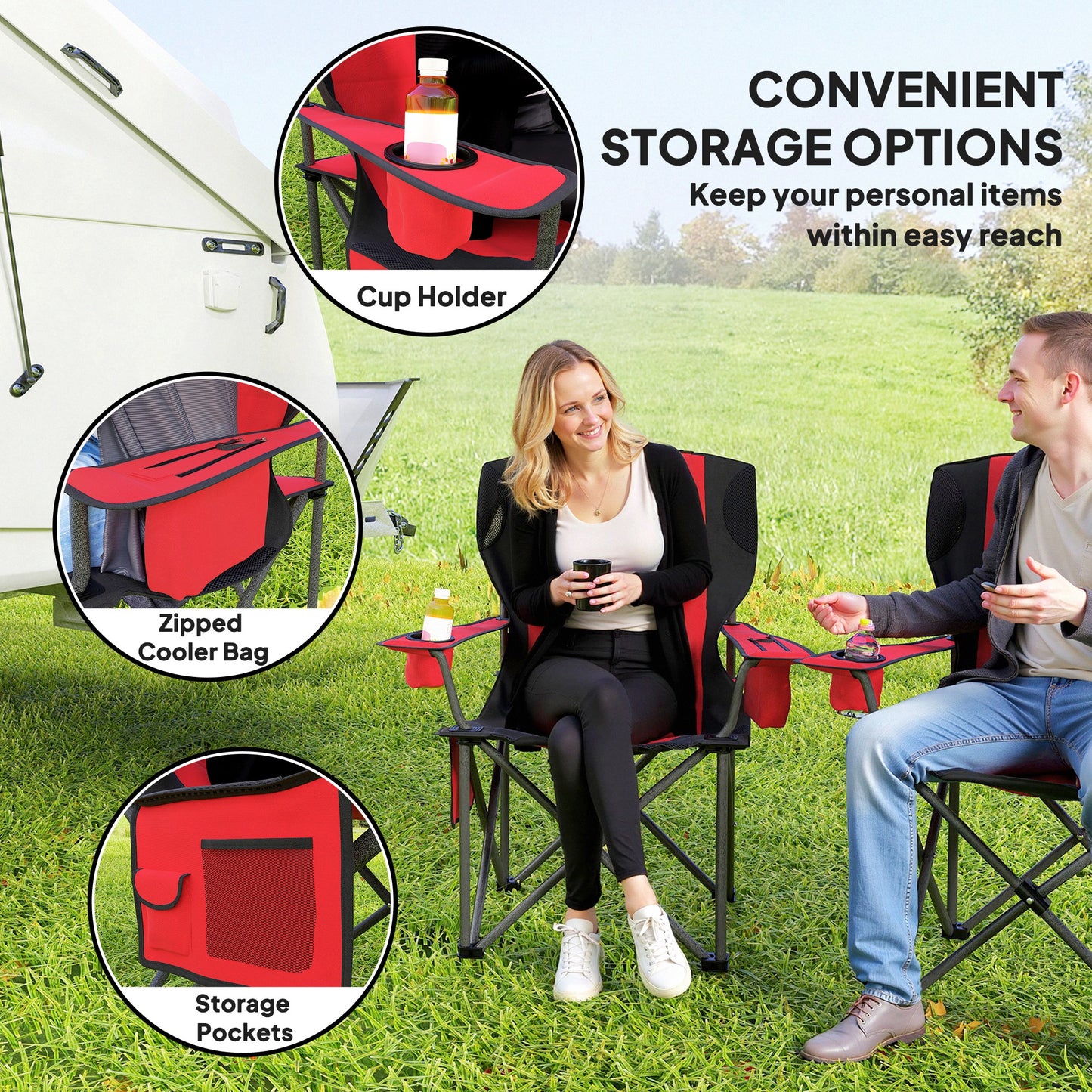 Set of 2 Padded Folding Picnic Chairs with Cooler Bag, Red