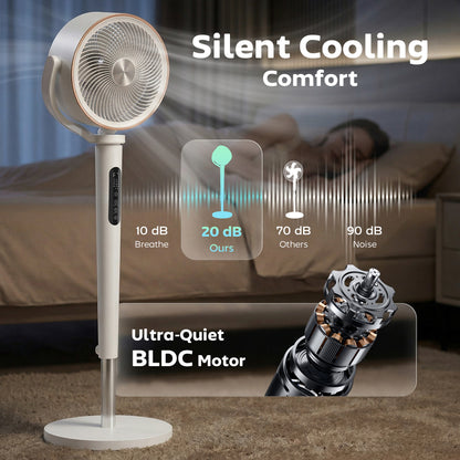 20dB Silent Standing Fan, 70°+90° Auto Oscillating Fan with 12 Speeds, LED Light, Air Circulator, Remote Control, 12H Timer, for Bedroom, 46 Inch, White
