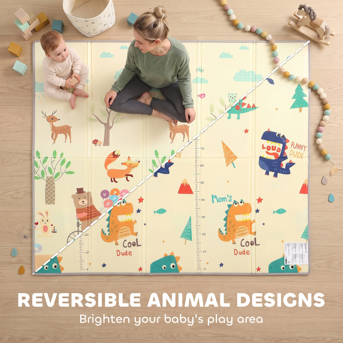 1.8m x 1.5m Reversible Folding Baby Play Mat with Storage Bag - Animals & Forest