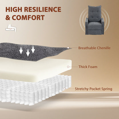 Recliner Armchair, Chenille Recliner Chair with Massage and Heat, 360° Swivel Rocking Manual Reclining Chair with Side Pockets for Living Room, Dark Grey