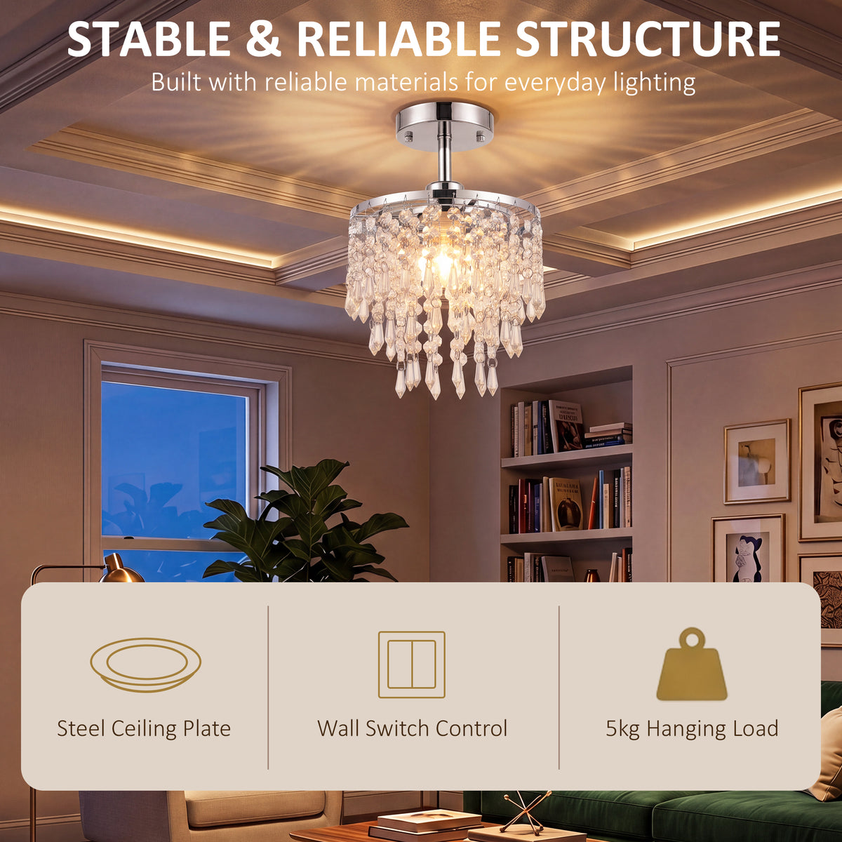 Crystal Ceiling Light with 57 Crystal Strands, Silver Tone