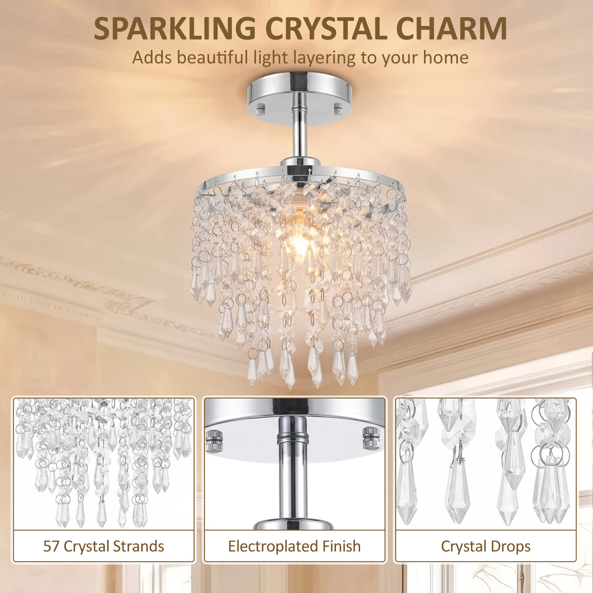 Crystal Ceiling Light with 57 Crystal Strands, Silver Tone
