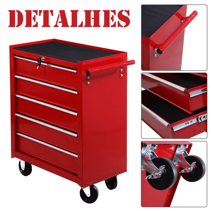 5 Drawer Tool Chest on Wheels, Lockable Steel Tool Trolley with Side Handle for Workshop, Garage, Red