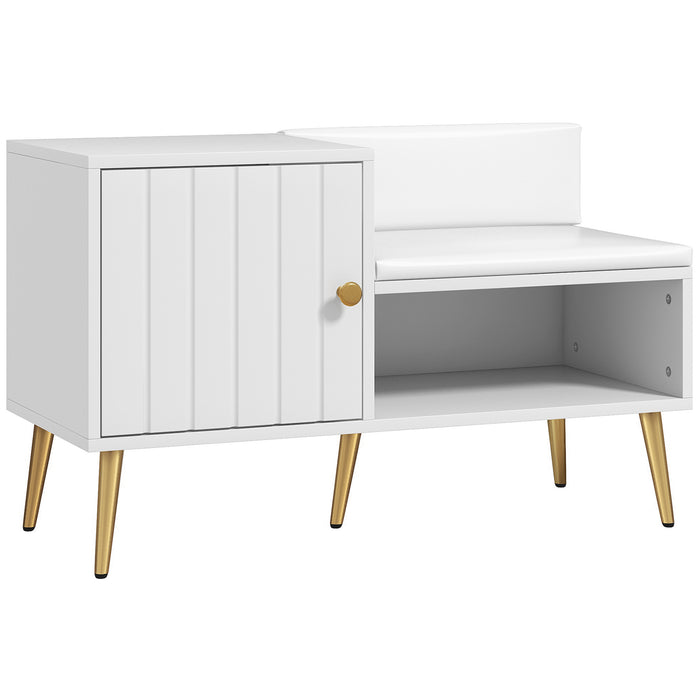 Upholstered Entryway Shoe Bench with Storage Cabinet Open Shelf White