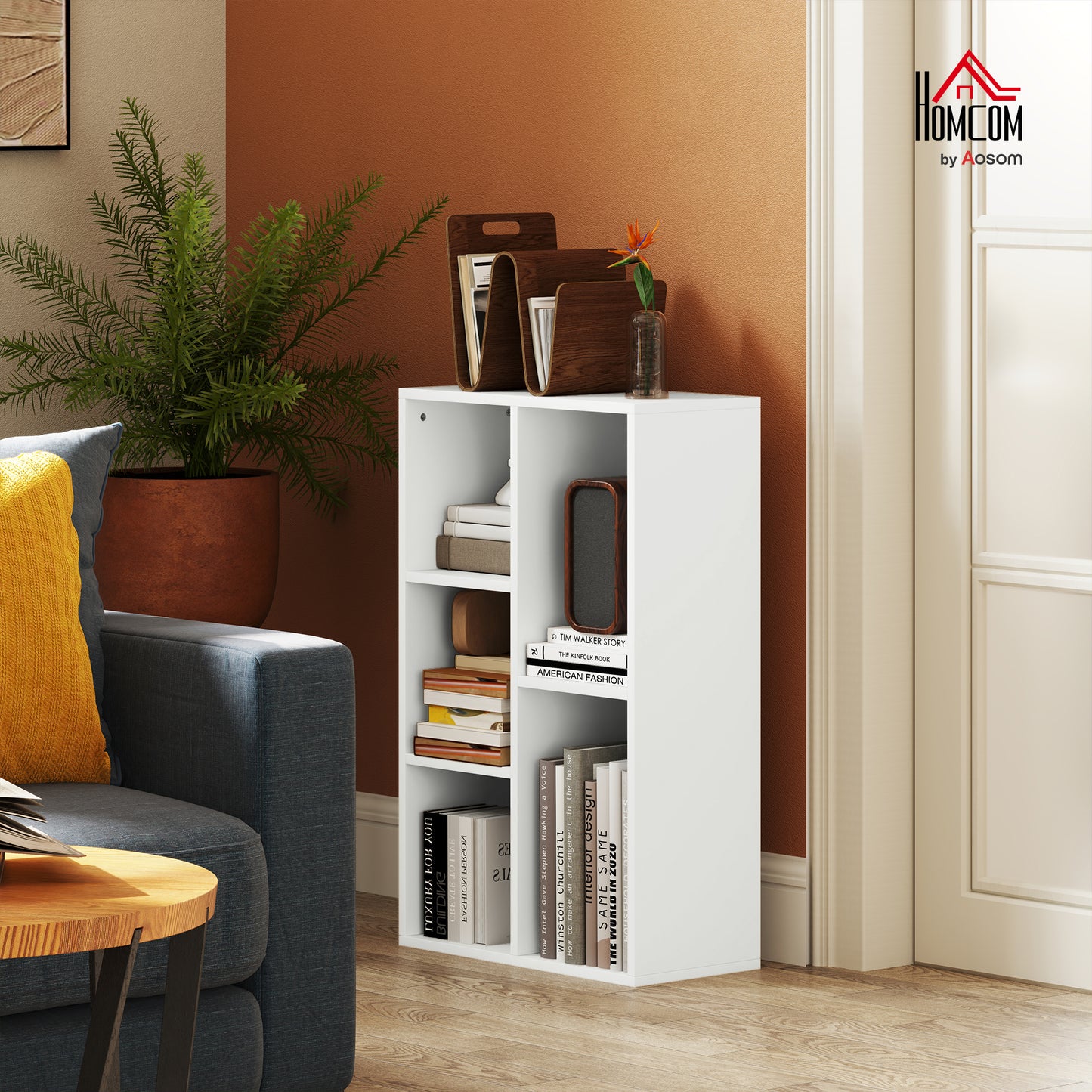 2-Tier Bookshelf with 5 Open Storage Compartments, White