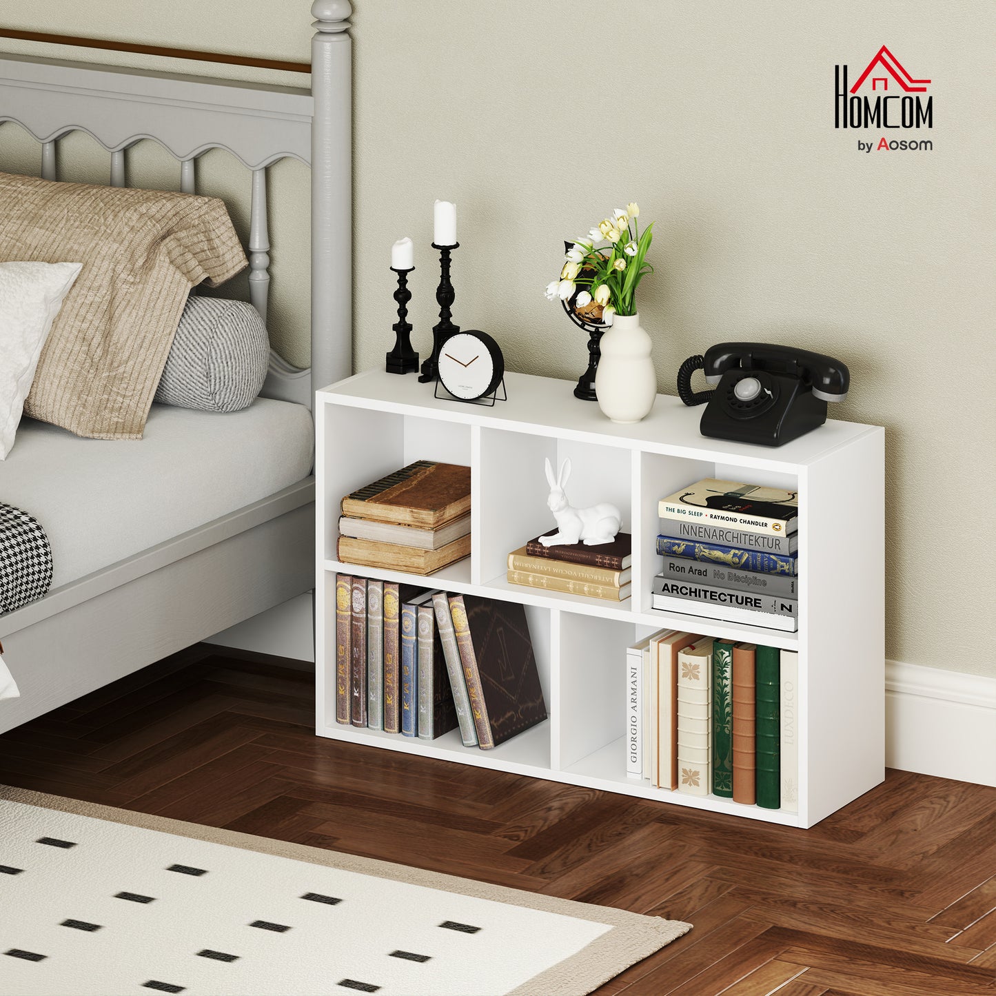 2-Tier Bookshelf with 5 Open Storage Compartments, White