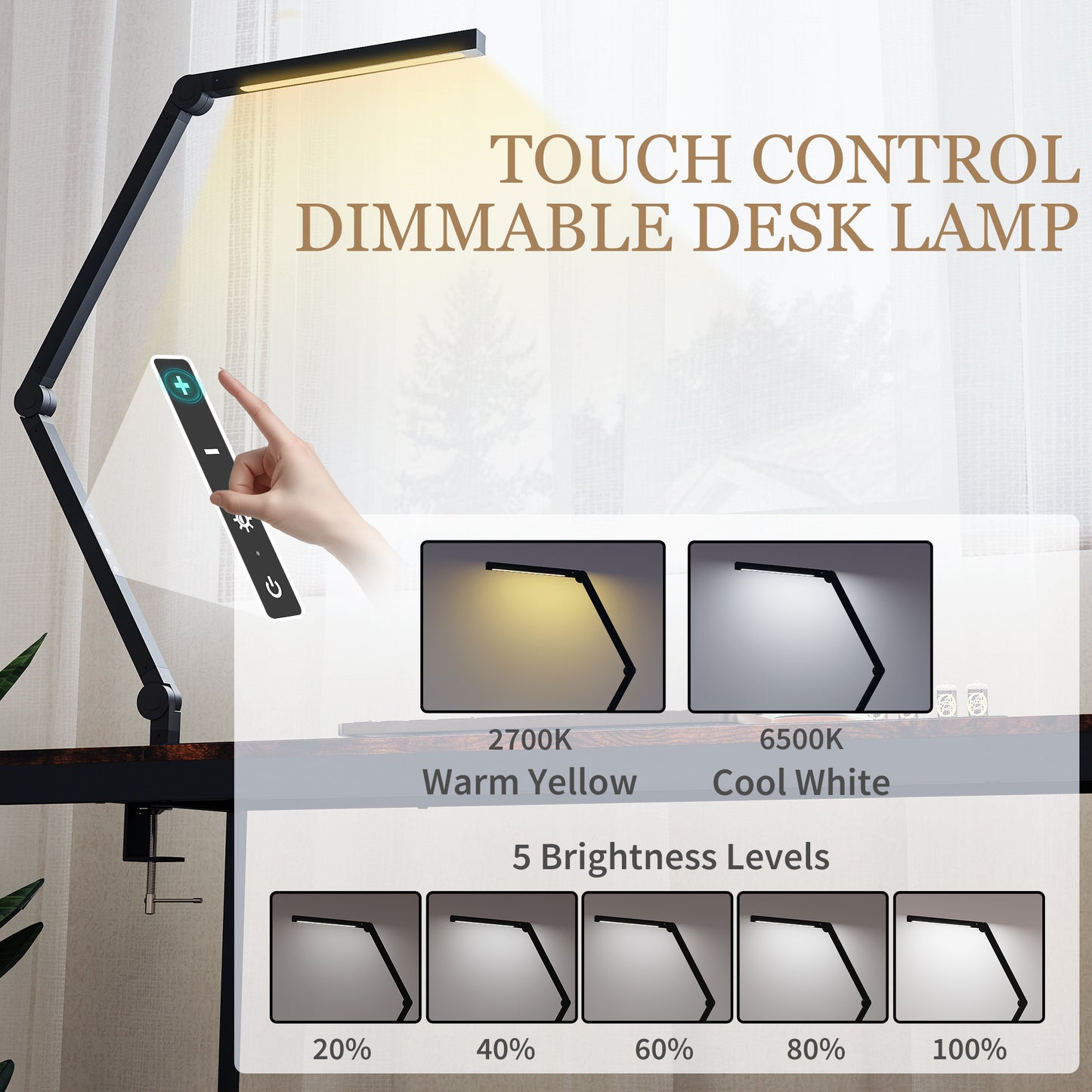 Desk Lamp with Adjustable Swing Arm, Dimmable LED Desk Light, Black