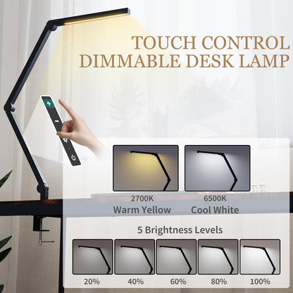 Desk Lamp with Adjustable Swing Arm, Dimmable LED Desk Light, Black