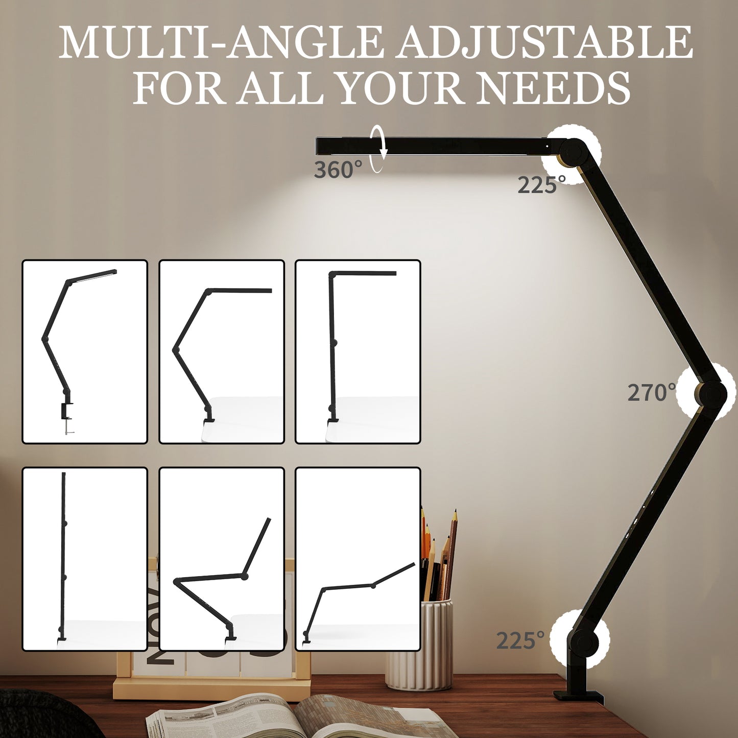 Desk Lamp with Adjustable Swing Arm, Dimmable LED Desk Light, Black