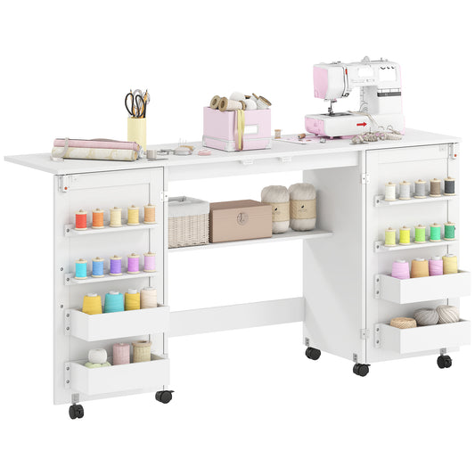Folding Sewing Table with 2 Magnetic Doors, Rolling Craft Table with 4 Bins, 20 Pegs, Storage Shelf, Lockable Wheels, Space Saving Drop Leaf Sewing Machine Table for Small Spaces, White