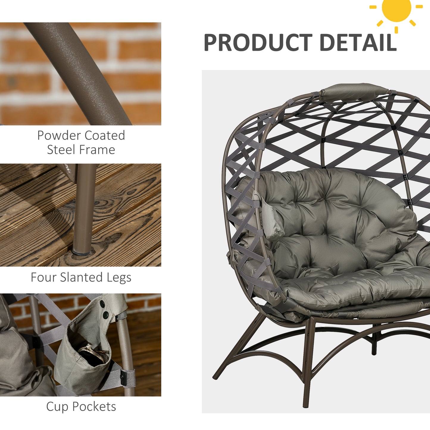 2 Seater Egg Chair Outdoor, Folding Weave Garden Furniture Chair with Cushion, Cup Pockets - Sand Brown