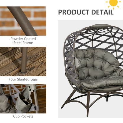 2 Seater Egg Chair Outdoor, Folding Weave Garden Furniture Chair with Cushion, Cup Pockets - Sand Brown