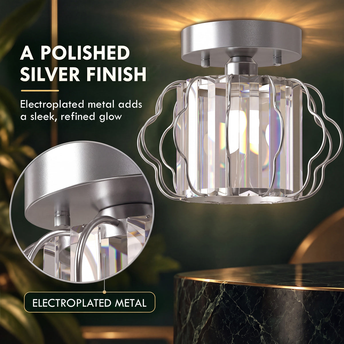 Set of 2 Crystal Ceiling Lights (E27 Bulbs Not Included) - Silver Tone