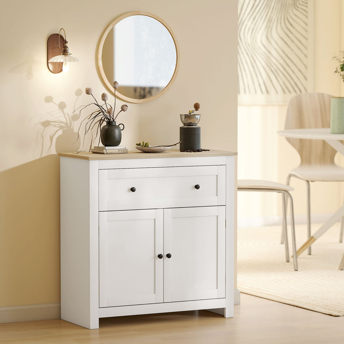Sideboard Storage Cabinet with Adjustable Shelf, Drawer, White