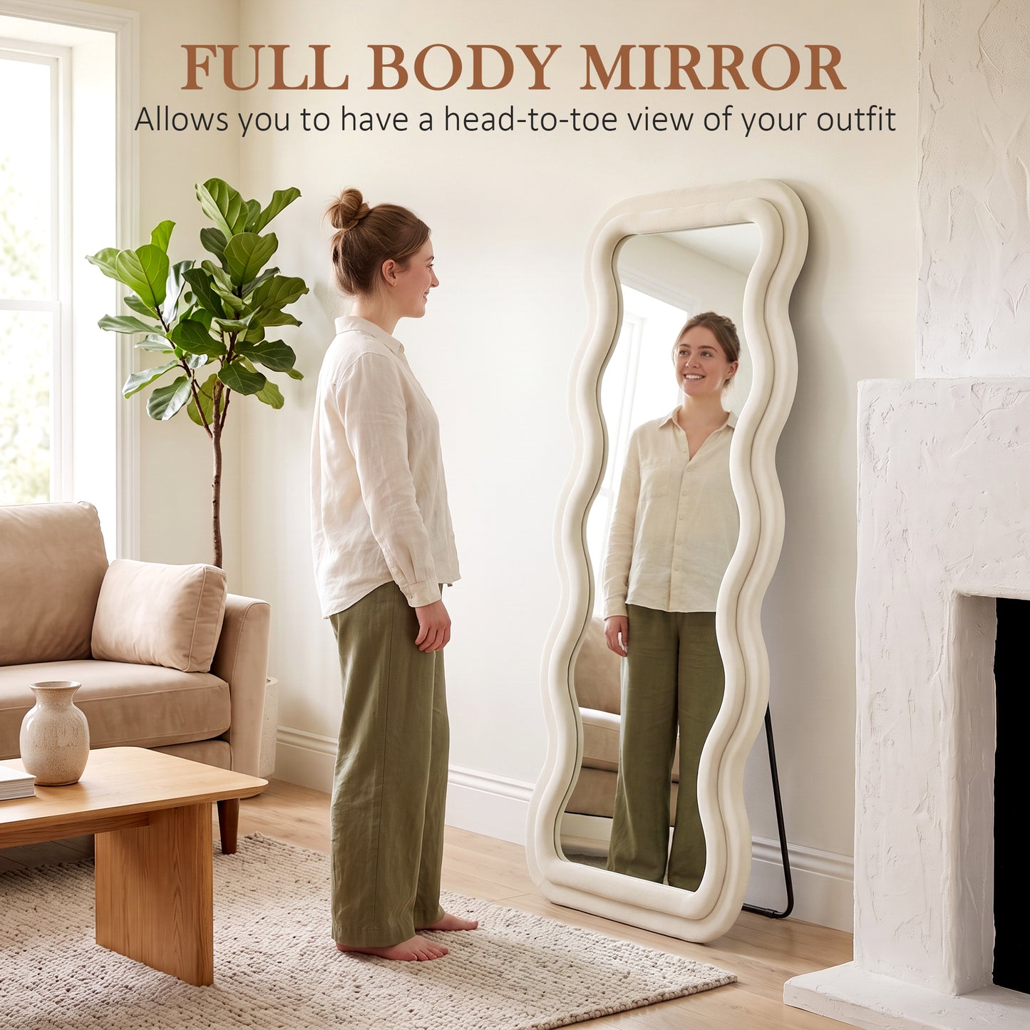 Full Length Mirror, 160 x 60 cm Velvet Wall Standing Mirror, Cream